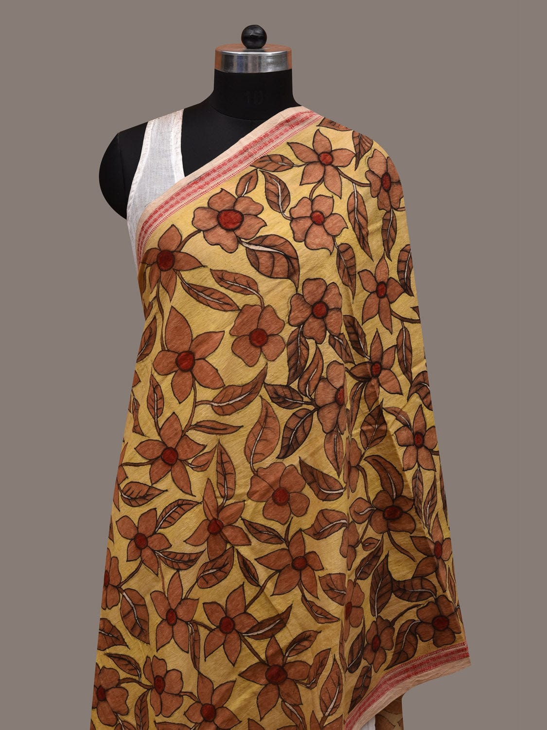 Yellow Kalamkari Hand Painted Cotton Handloom Dupatta with Doby Border and Floral Design ds2865