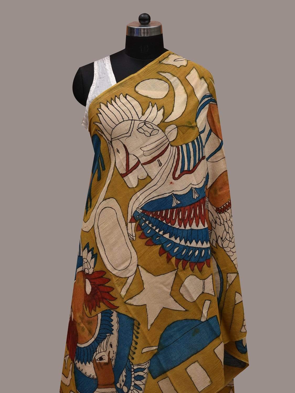 Yellow Kalamkari Hand Painted Cotton Handloom Dupatta with Egyptian Design ds2577