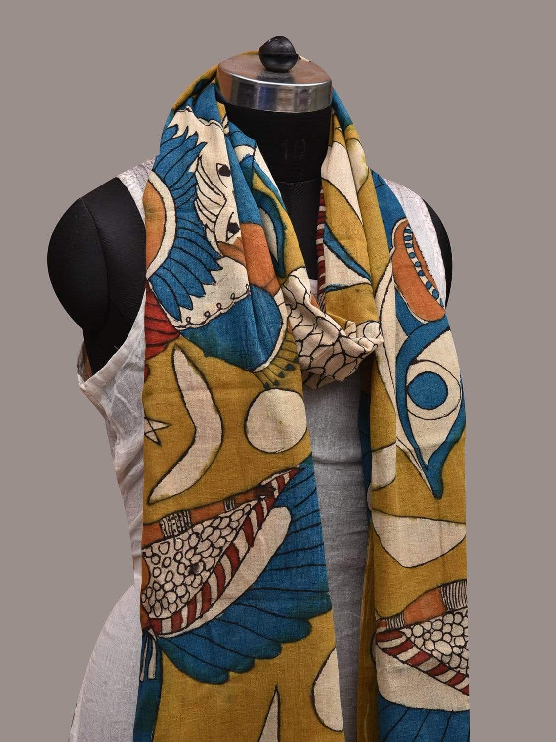 Yellow Kalamkari Hand Painted Cotton Handloom Dupatta with Egyptian Design ds2577