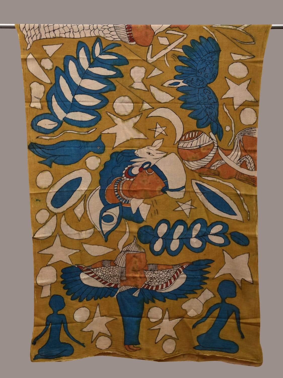 Yellow Kalamkari Hand Painted Cotton Handloom Dupatta with Egyptian Design ds2577