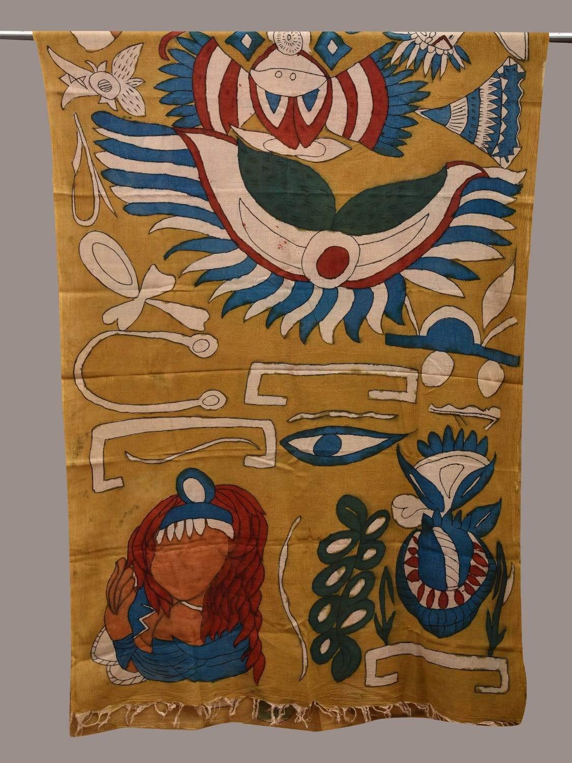 Yellow Kalamkari Hand Painted Cotton Handloom Dupatta with Egyptian Design ds2579