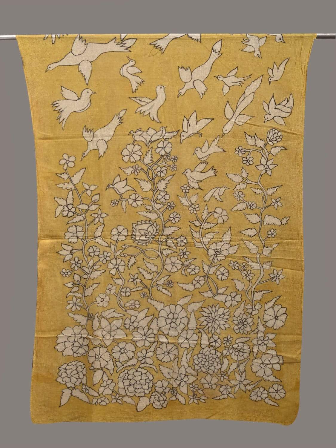 Yellow Kalamkari Hand Painted Cotton Handloom Dupatta with Floral and Birds Design ds2571