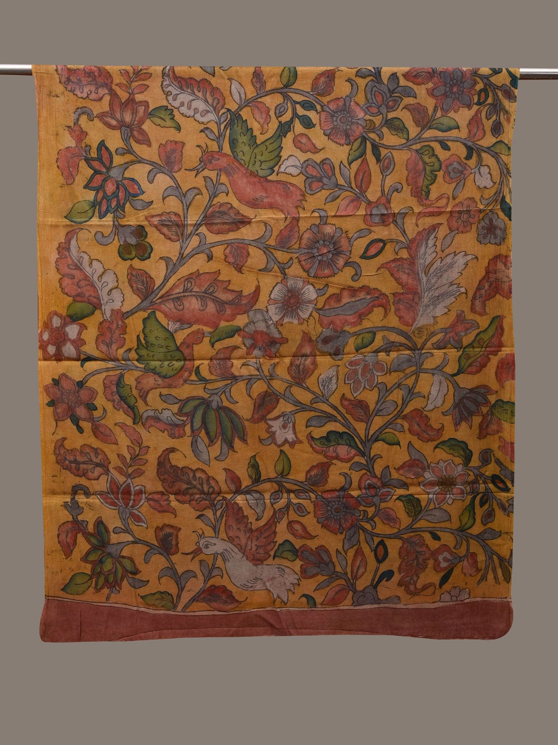 Yellow Kalamkari Hand Painted Cotton Handloom Dupatta with Floral and Birds Design ds2886