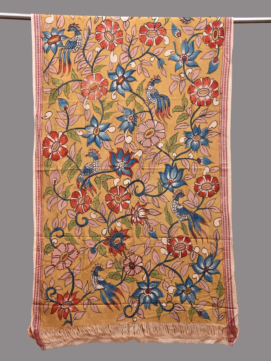 Yellow Kalamkari Hand Painted Cotton Handloom Dupatta with Floral and Birds Design ds3672