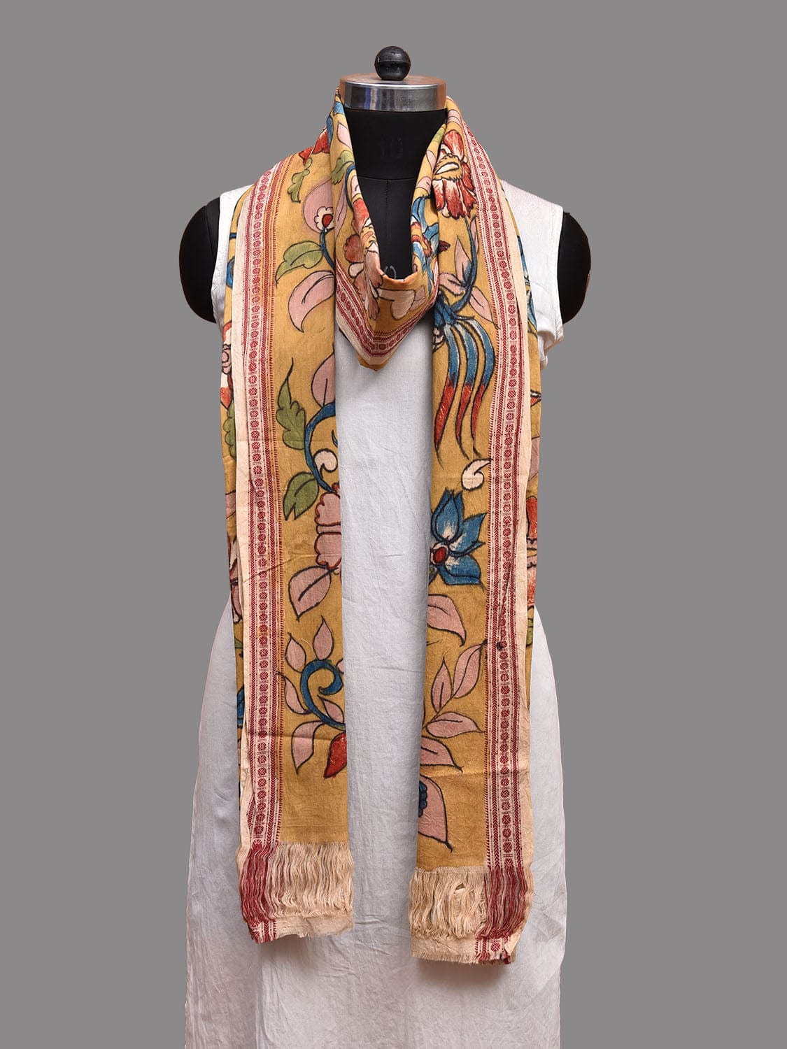 Yellow Kalamkari Hand Painted Cotton Handloom Dupatta with Floral and Birds Design ds3672