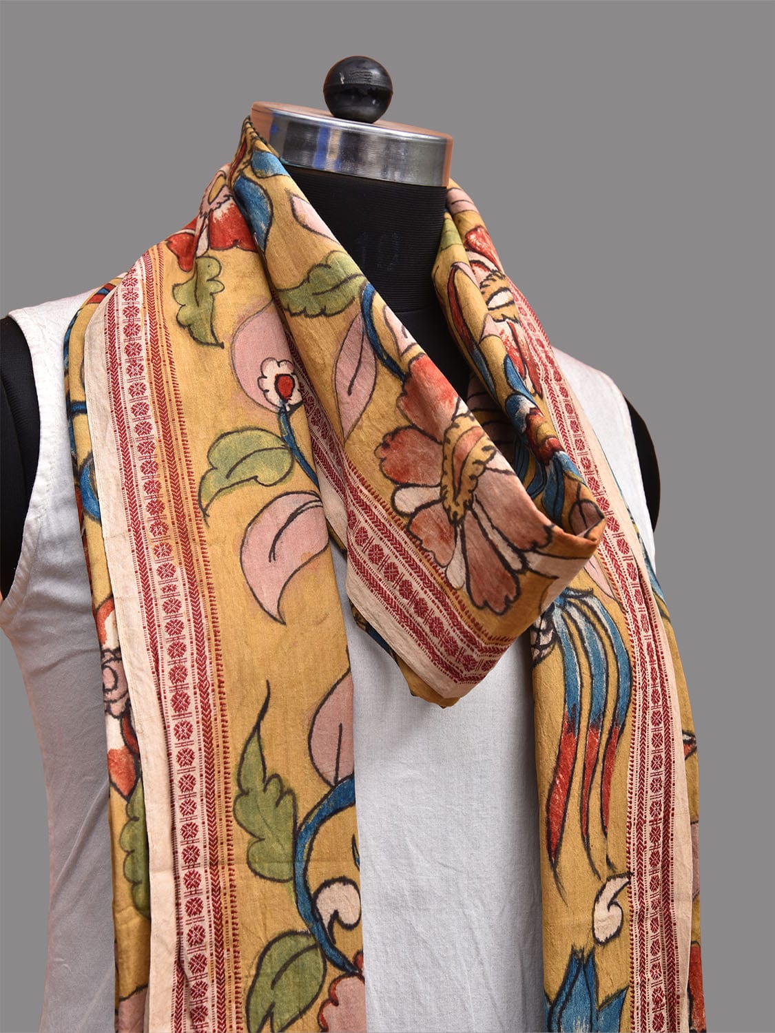 Yellow Kalamkari Hand Painted Cotton Handloom Dupatta with Floral and Birds Design ds3672