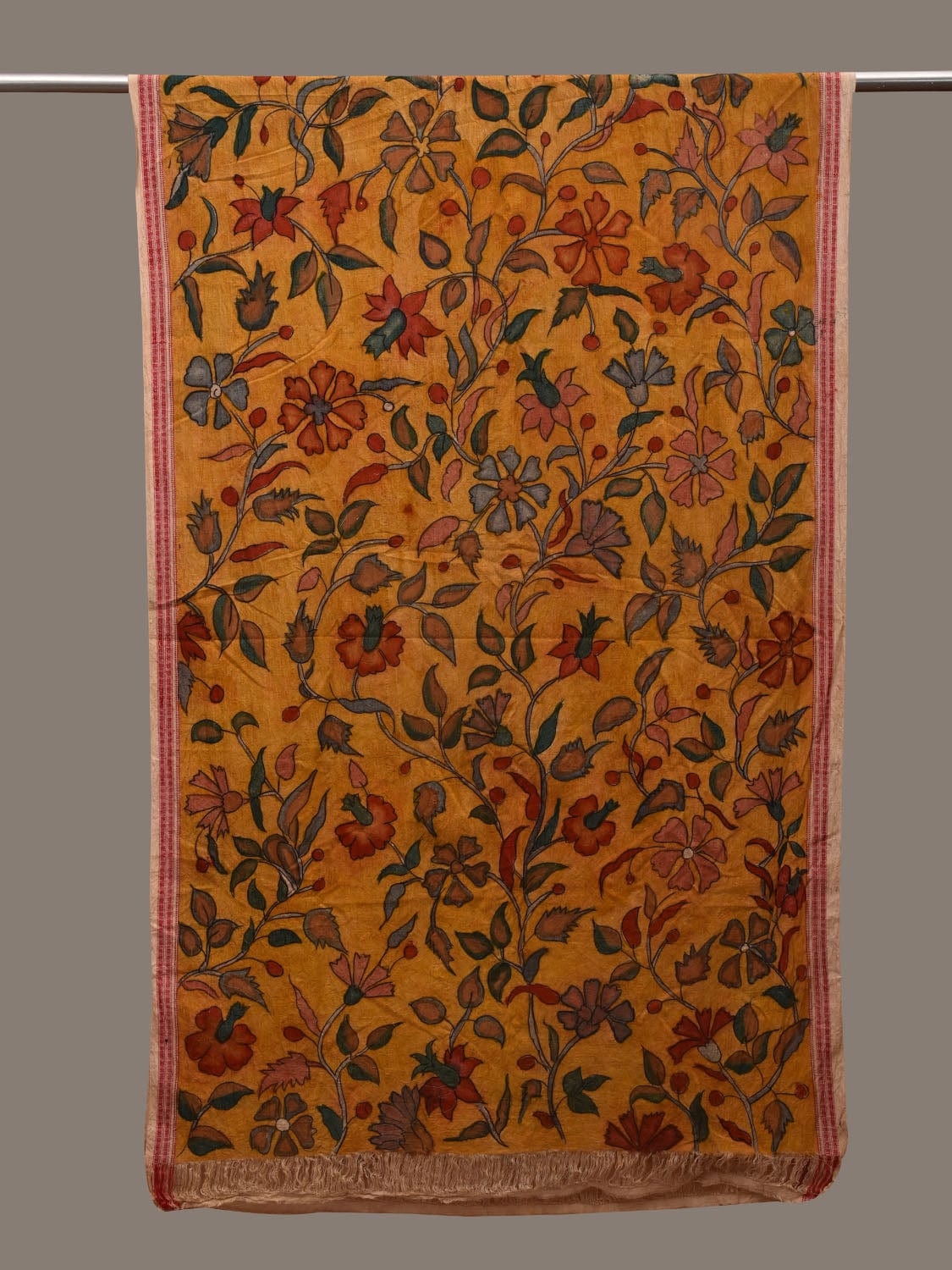 Yellow Kalamkari Hand Painted Cotton Handloom Dupatta with Floral and Dabi Border Design ds2935