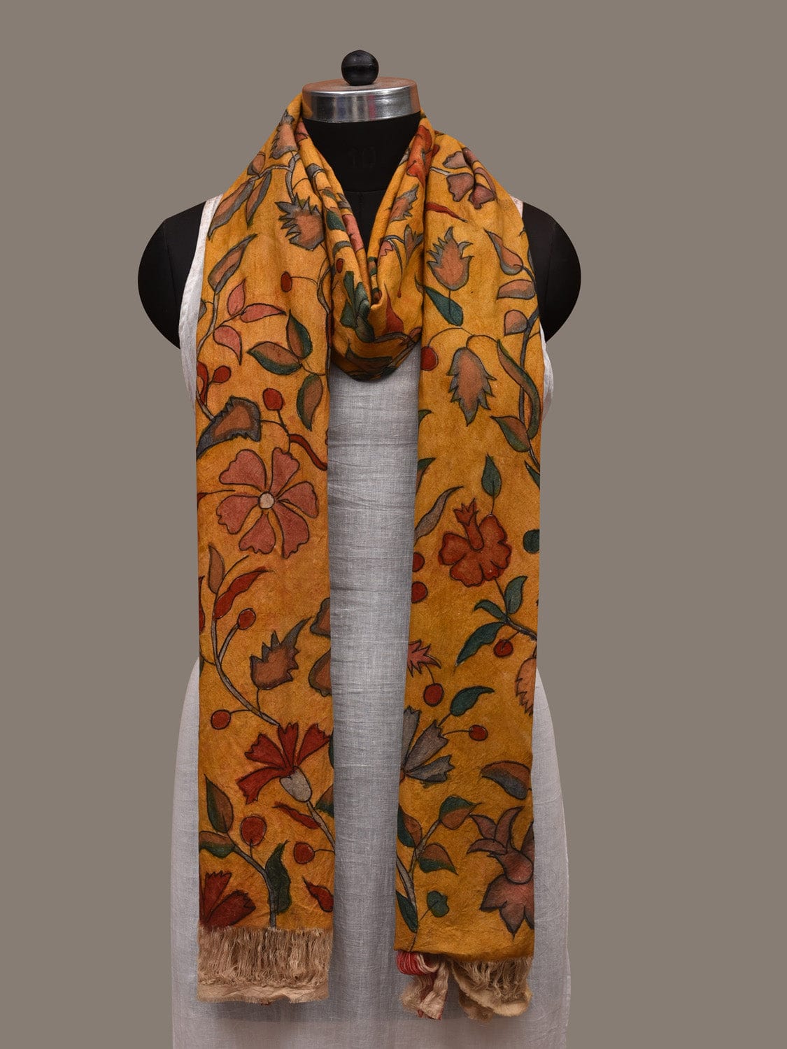 Yellow Kalamkari Hand Painted Cotton Handloom Dupatta with Floral and Dabi Border Design ds2935