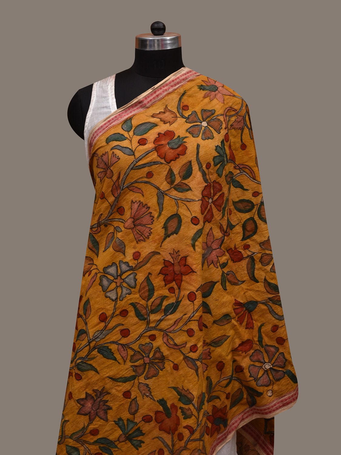 Yellow Kalamkari Hand Painted Cotton Handloom Dupatta with Floral and Dabi Border Design ds2935
