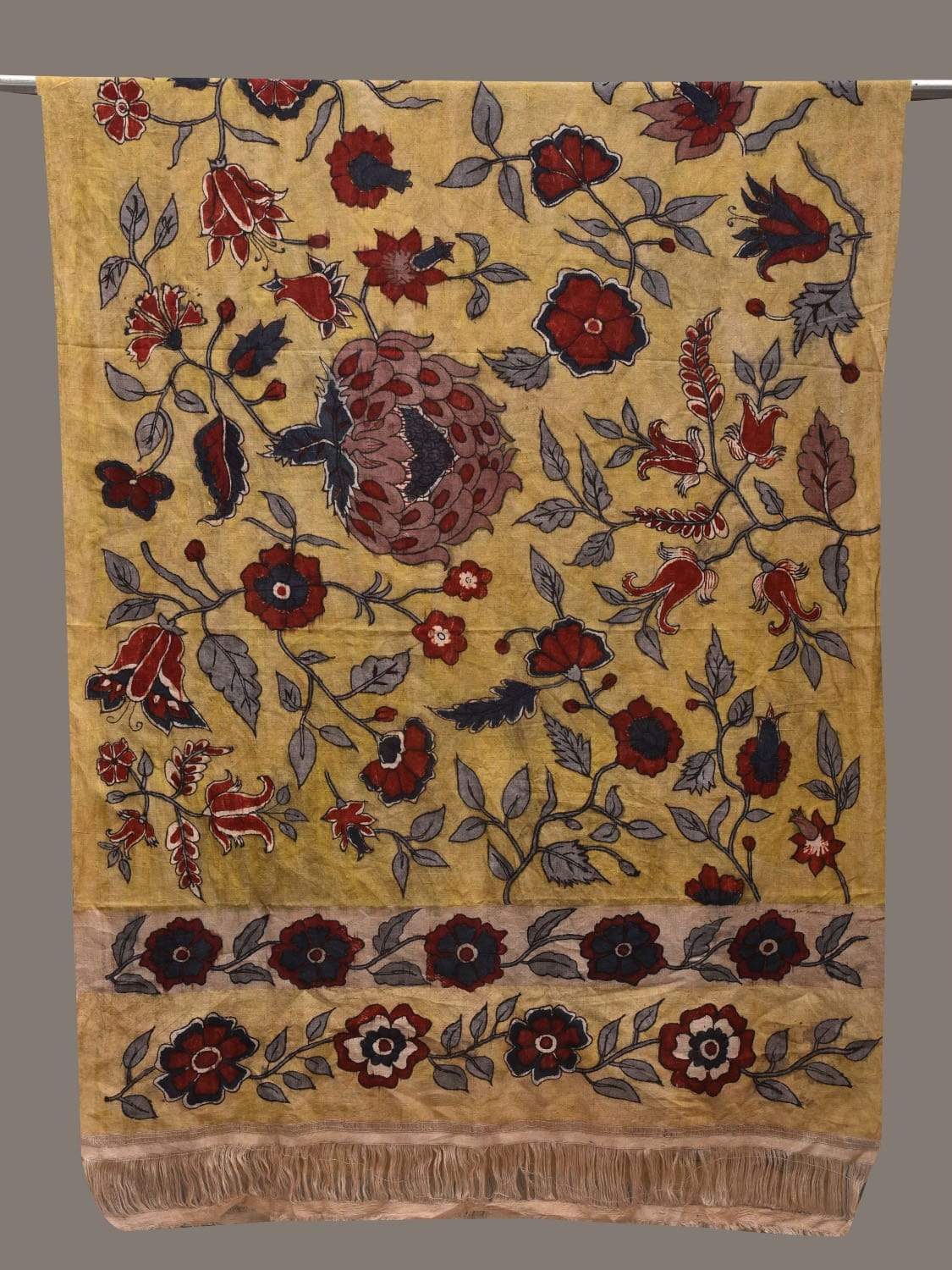 Yellow Kalamkari Hand Painted Cotton Handloom Dupatta with Floral Design ds2540