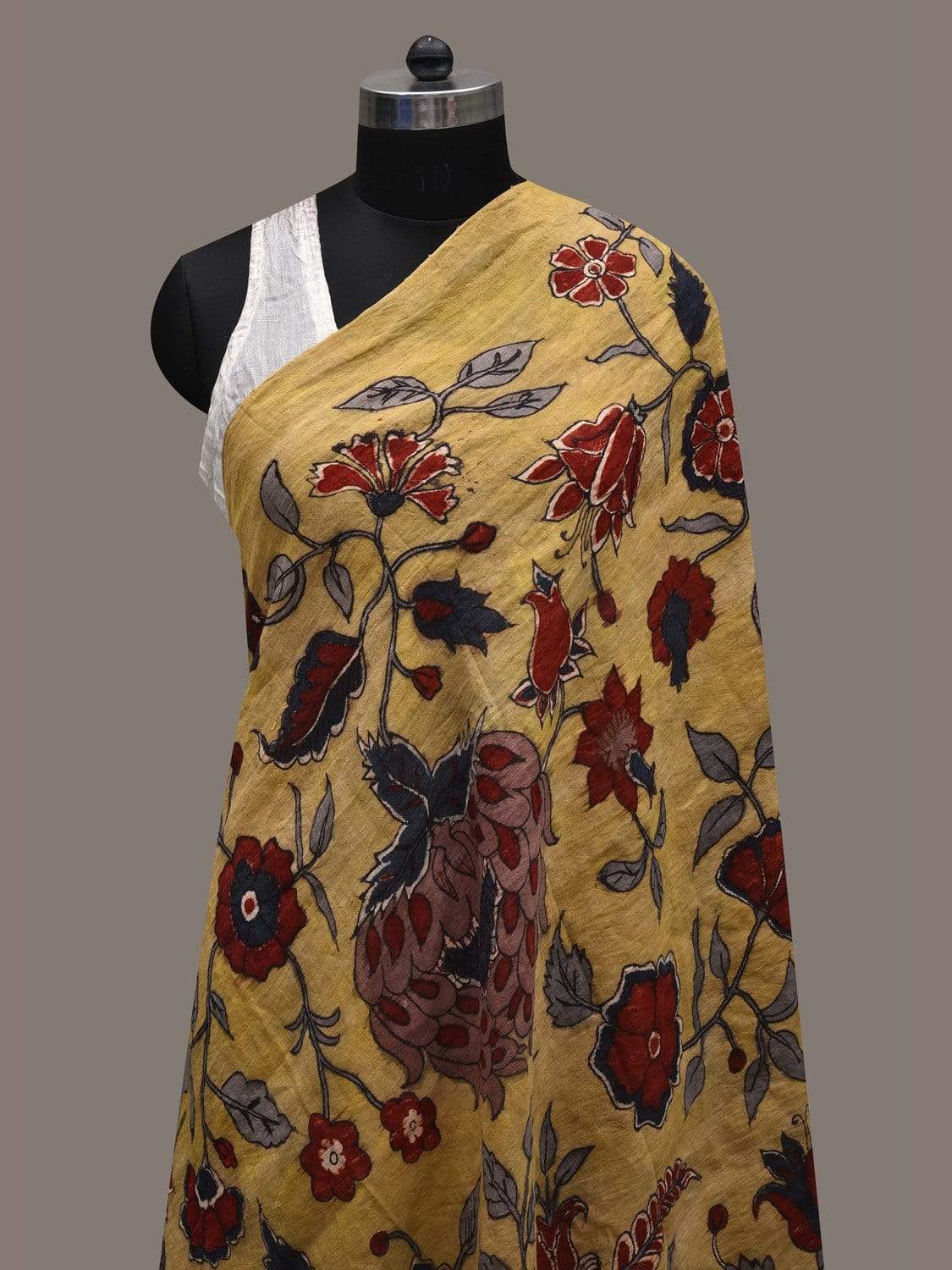 Yellow Kalamkari Hand Painted Cotton Handloom Dupatta with Floral Design ds2540