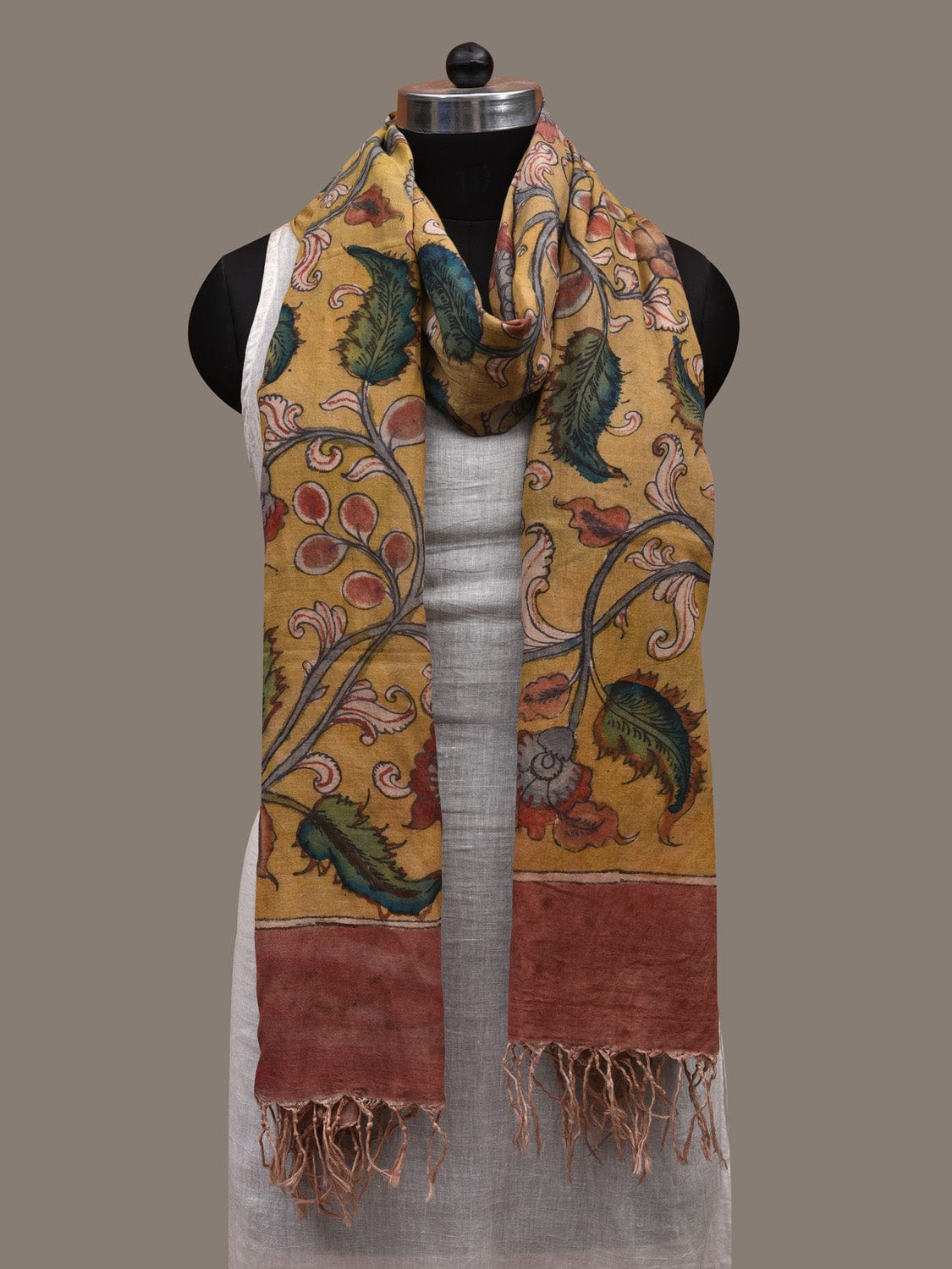 Yellow Kalamkari Hand Painted Cotton Handloom Dupatta with Floral Design ds2878