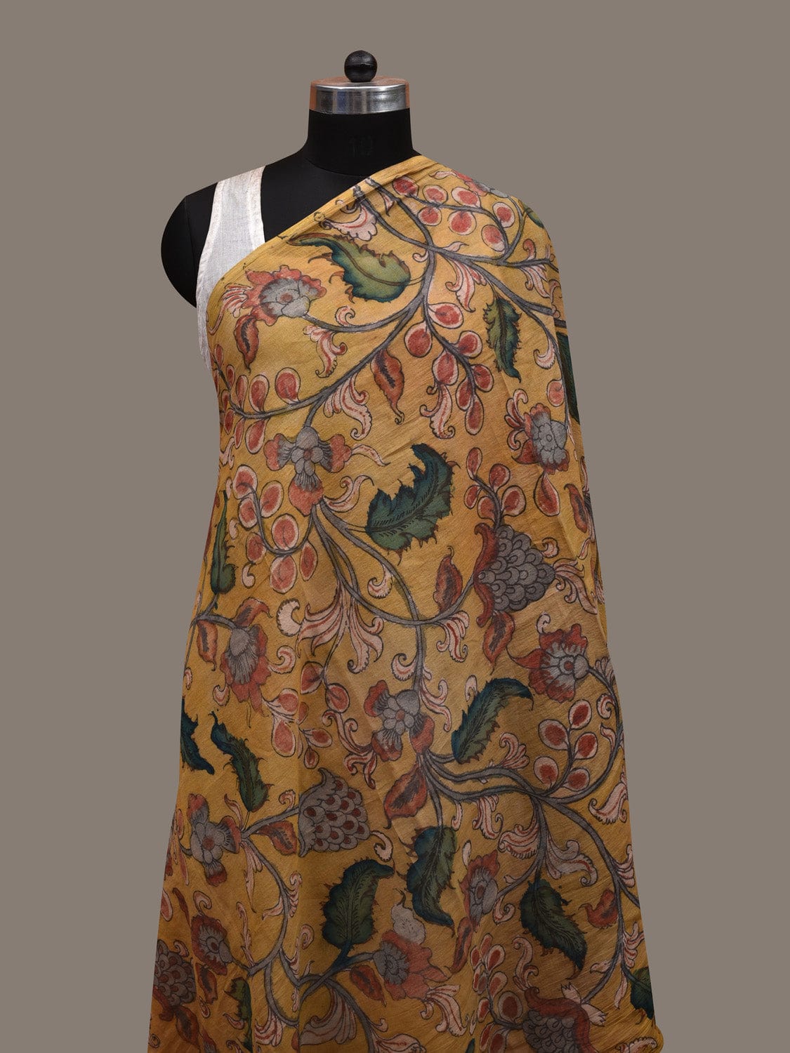 Yellow Kalamkari Hand Painted Cotton Handloom Dupatta with Floral Design ds2878