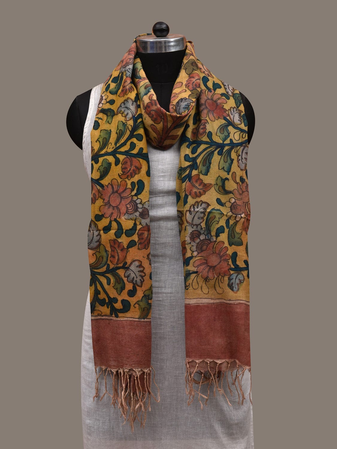 Yellow Kalamkari Hand Painted Cotton Handloom Dupatta with Floral Design ds2881