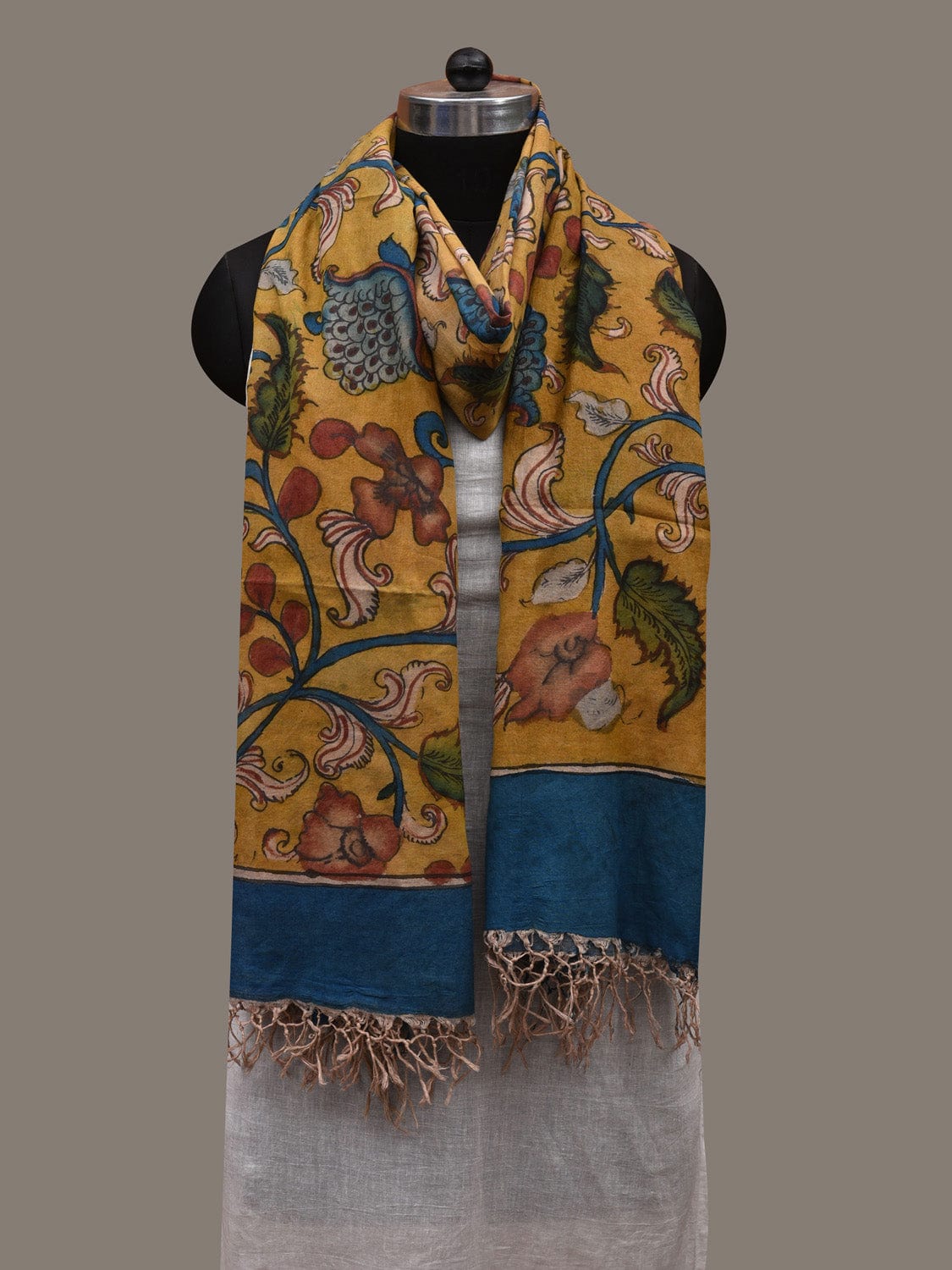 Yellow Kalamkari Hand Painted Cotton Handloom Dupatta with Floral Design ds2883