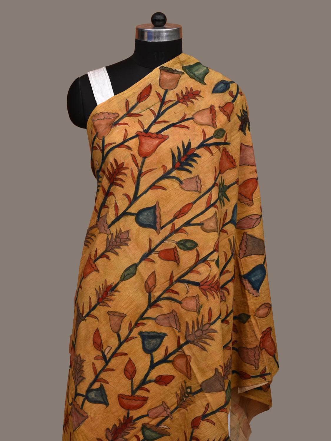 Yellow Kalamkari Hand Painted Cotton Handloom Dupatta with Floral Design ds3125