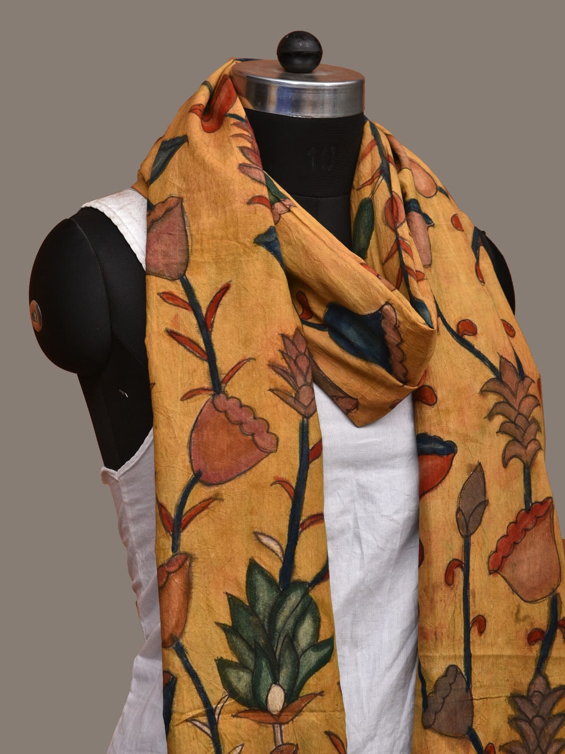 Yellow Kalamkari Hand Painted Cotton Handloom Dupatta with Floral Design ds3125