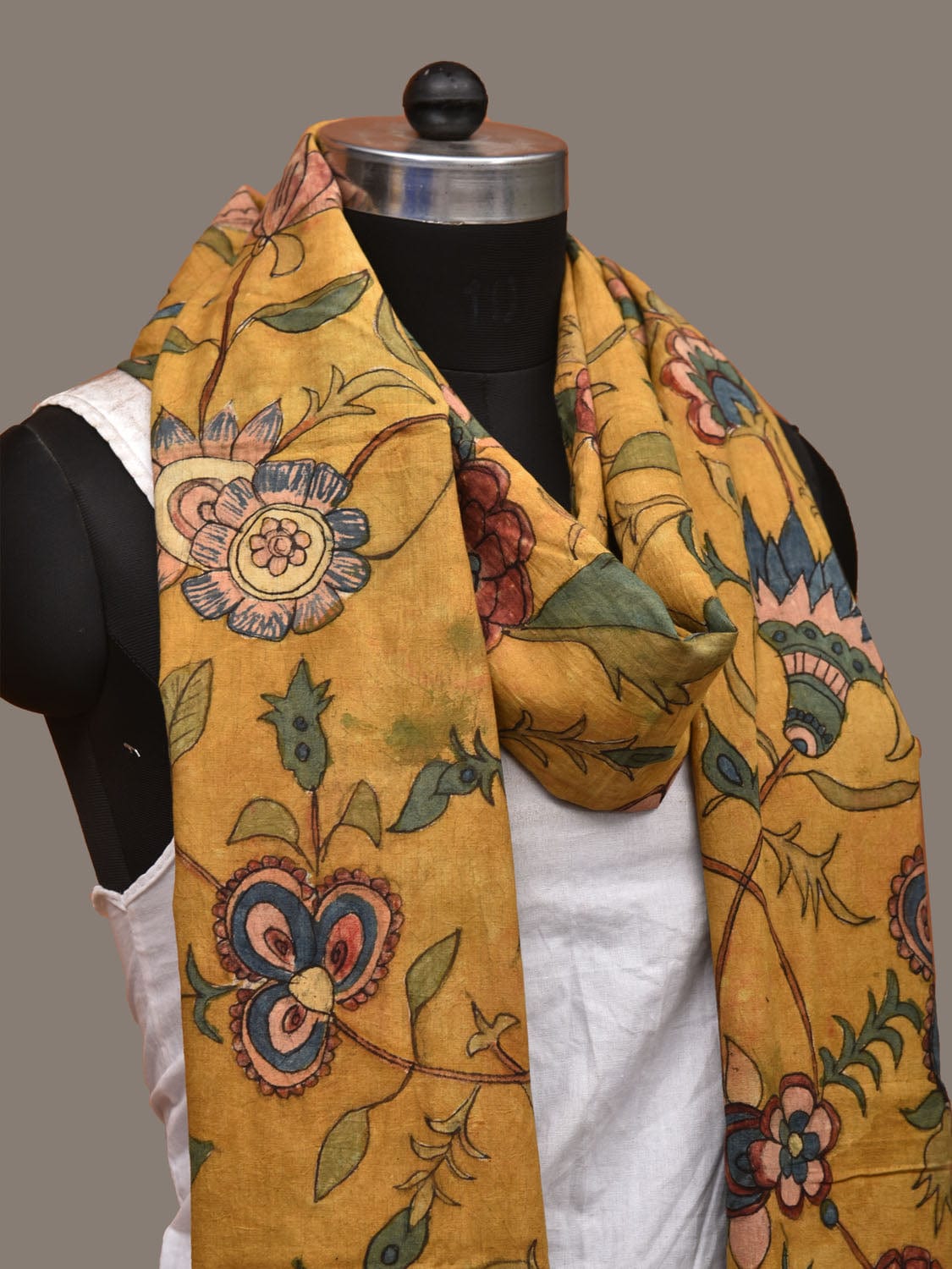Yellow Kalamkari Hand Painted Cotton Handloom Dupatta with Floral Design ds3127