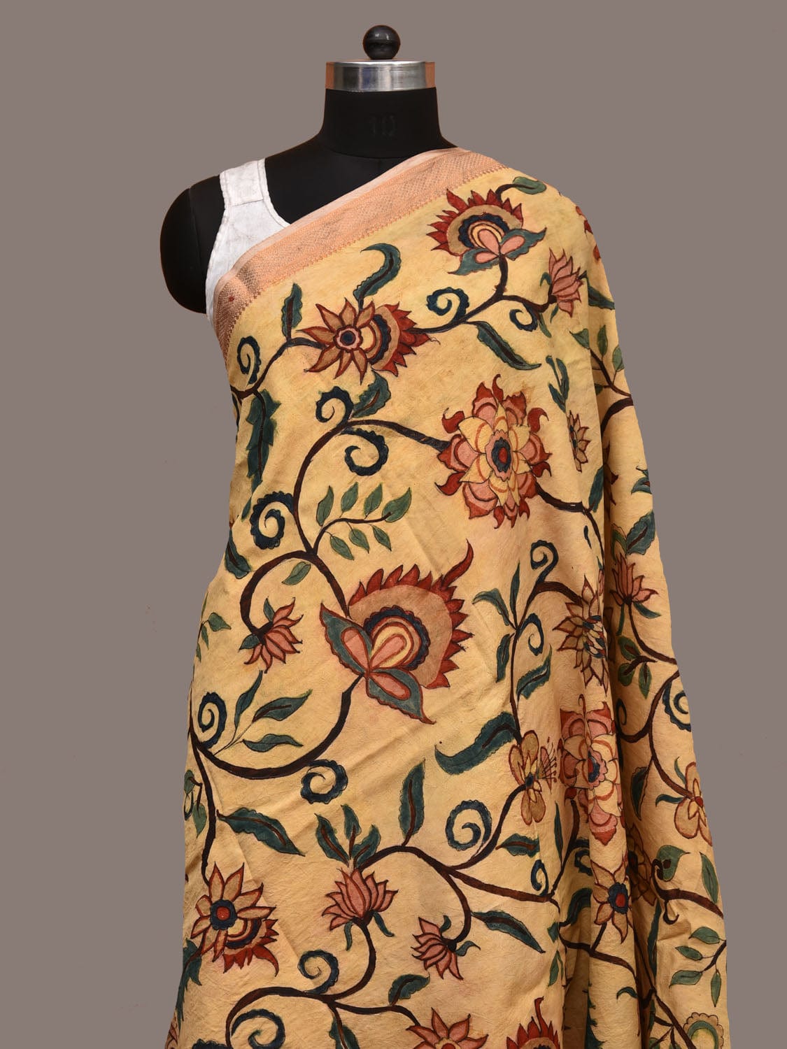 Yellow Kalamkari Hand Painted Cotton Handloom Dupatta with Floral Design ds3187