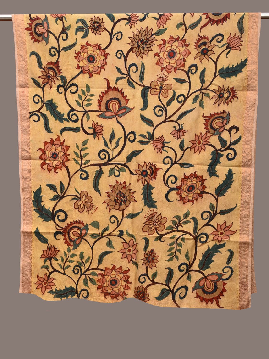 Yellow Kalamkari Hand Painted Cotton Handloom Dupatta with Floral Design ds3187