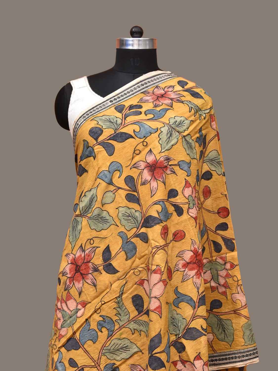 Yellow Kalamkari Hand Painted Cotton Handloom Dupatta with Floral Design ds3277
