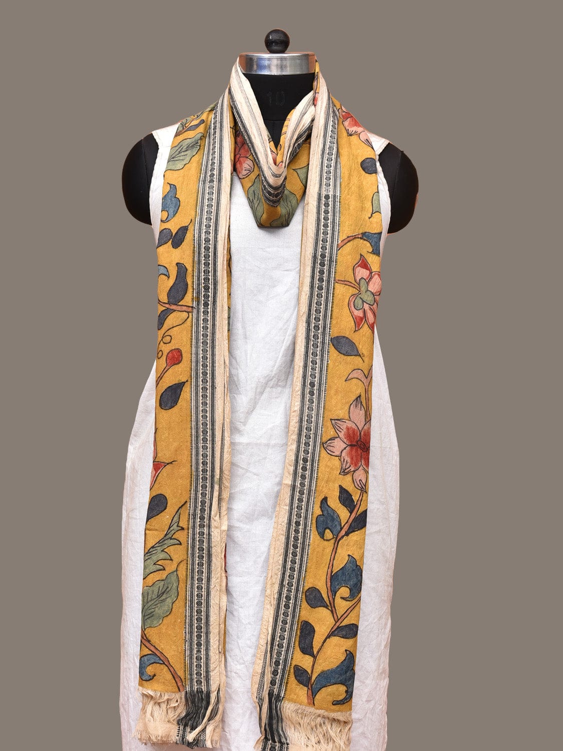 Yellow Kalamkari Hand Painted Cotton Handloom Dupatta with Floral Design ds3277