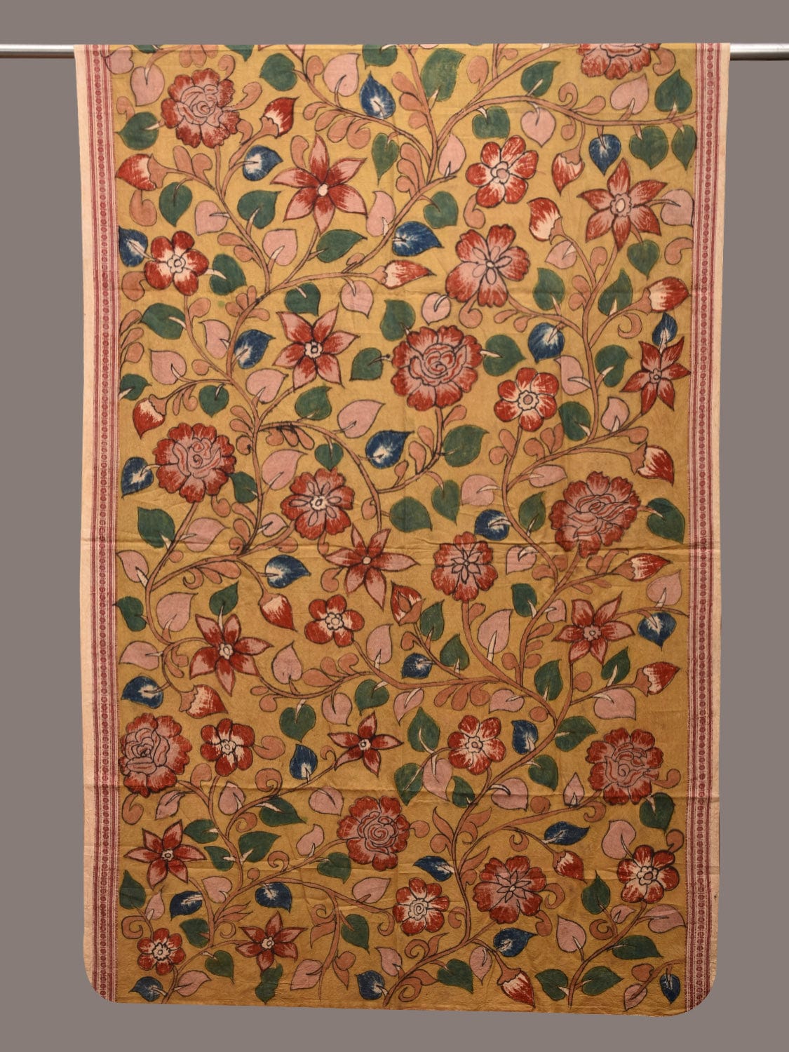 Yellow Kalamkari Hand Painted Cotton Handloom Dupatta with Floral Design ds3581