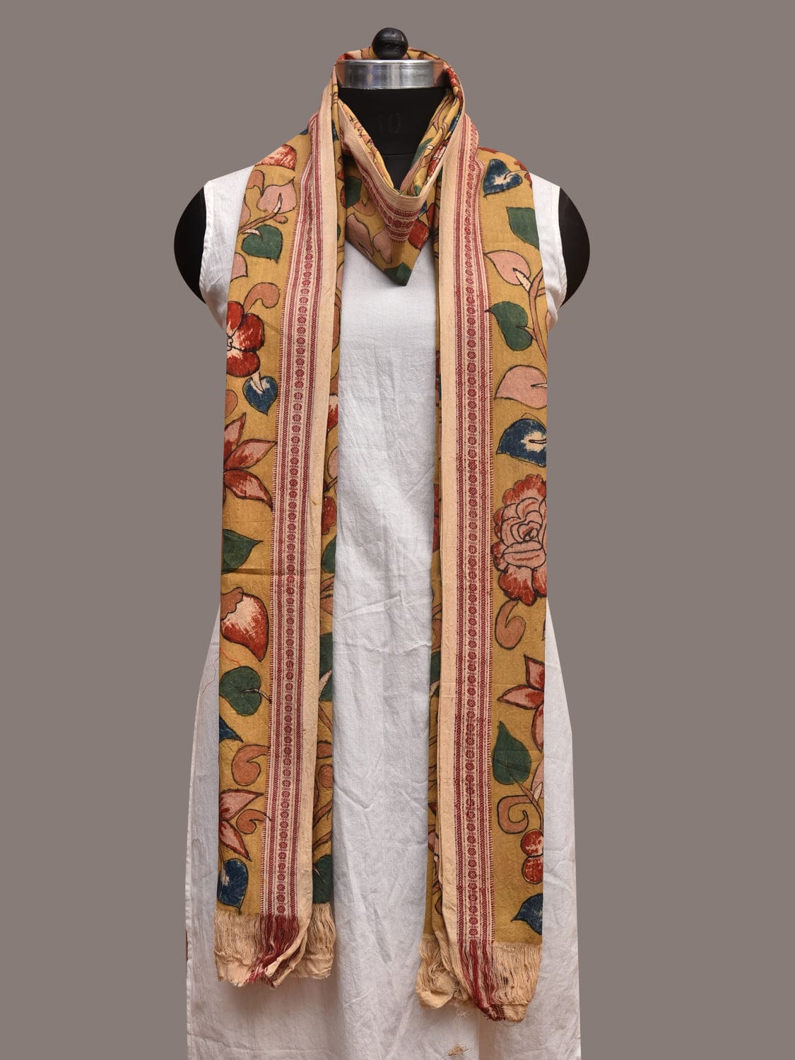 Yellow Kalamkari Hand Painted Cotton Handloom Dupatta with Floral Design ds3581