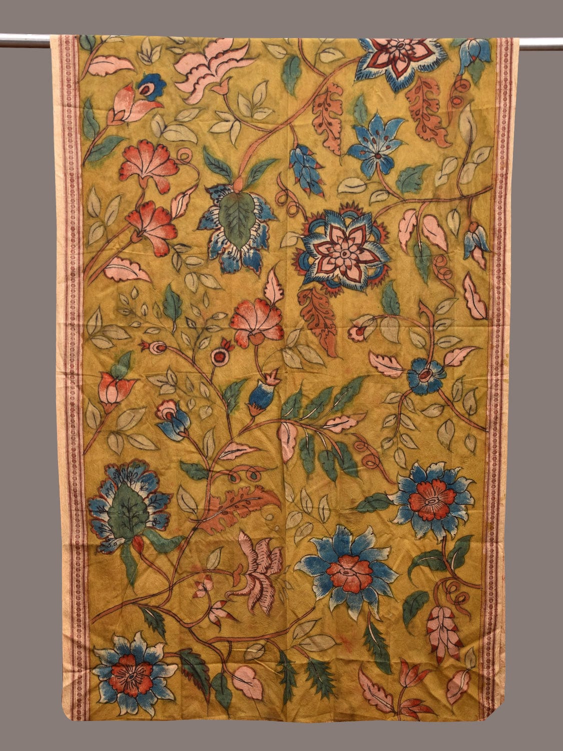 Yellow Kalamkari Hand Painted Cotton Handloom Dupatta with Floral Design ds3633