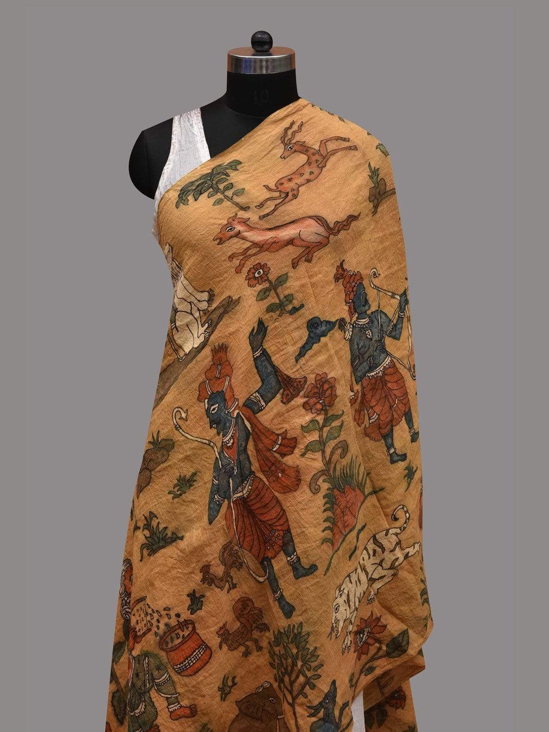 Yellow Kalamkari Hand Painted Cotton Handloom Dupatta with Hunters and Animals Design ds2585