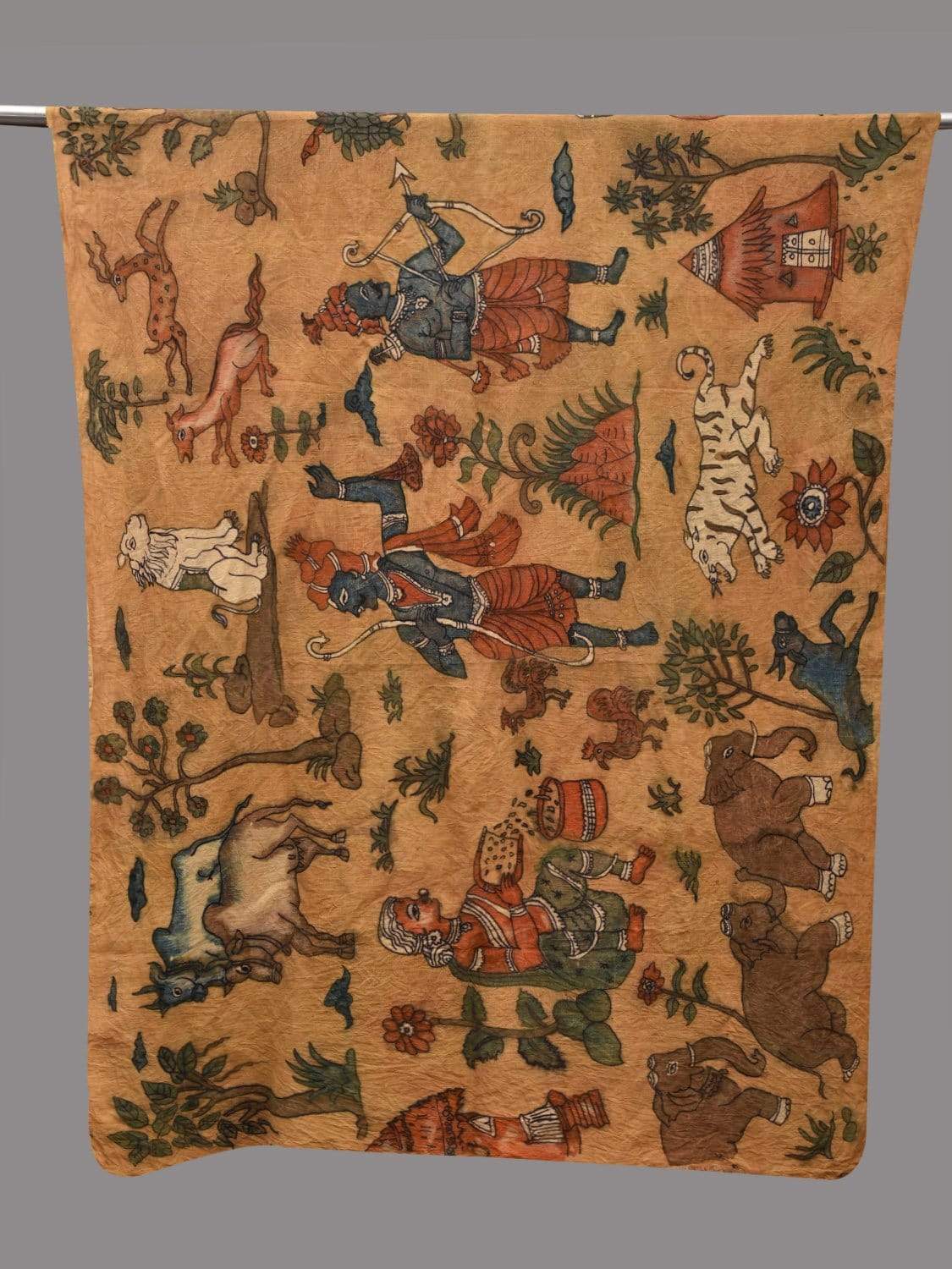 Yellow Kalamkari Hand Painted Cotton Handloom Dupatta with Hunters and Animals Design ds2585