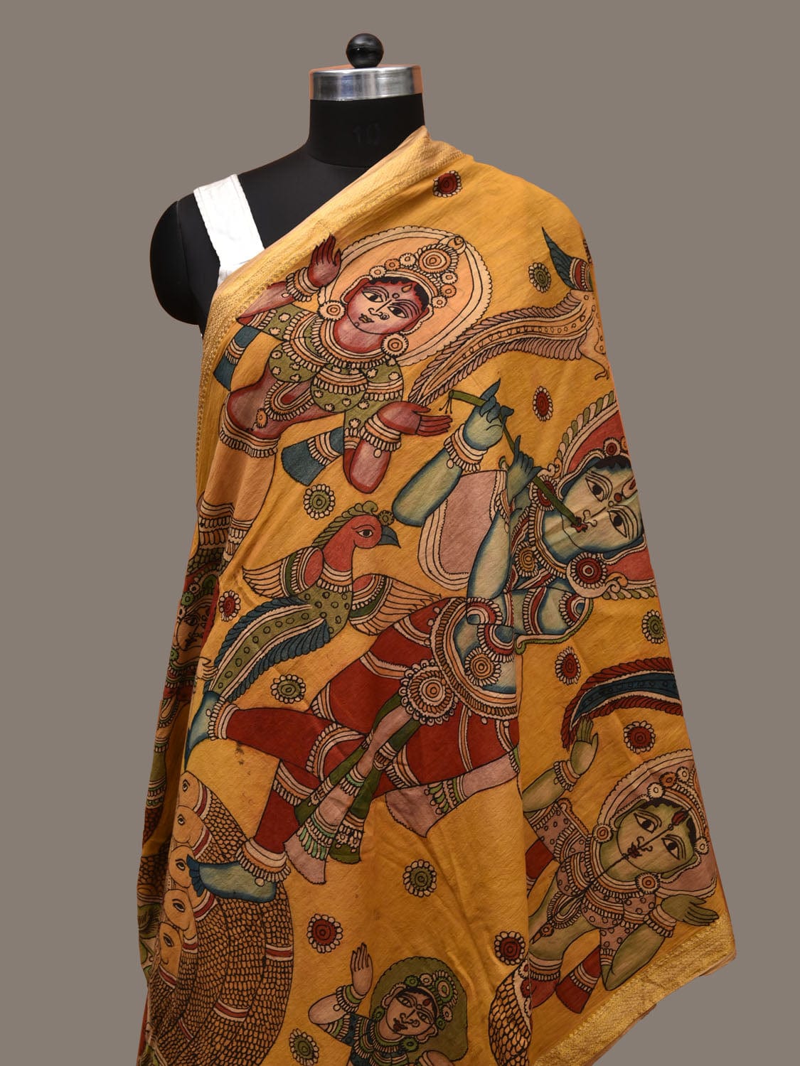 Yellow Kalamkari Hand Painted Cotton Handloom Dupatta with Krishna Design ds3131