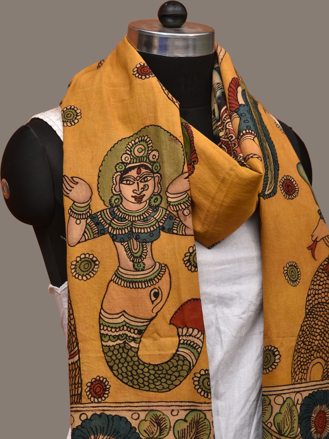 Yellow Kalamkari Hand Painted Cotton Handloom Dupatta with Krishna Design ds3131