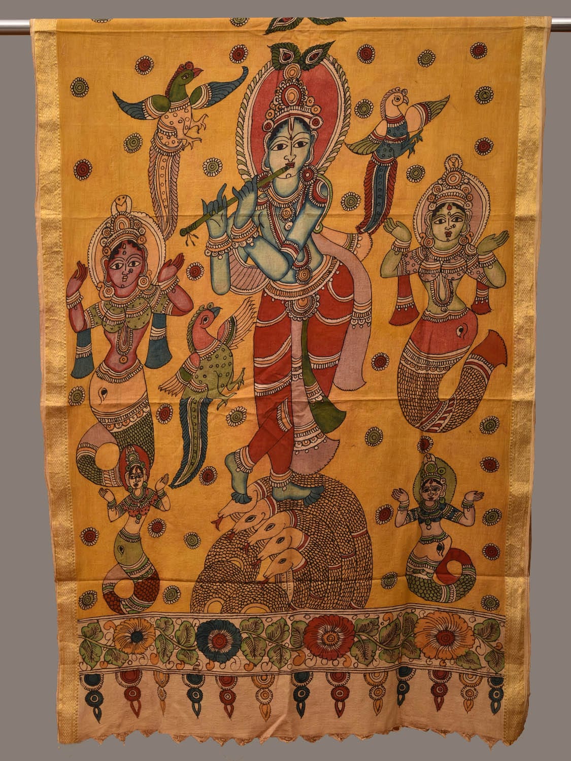 Yellow Kalamkari Hand Painted Cotton Handloom Dupatta with Krishna Design ds3131