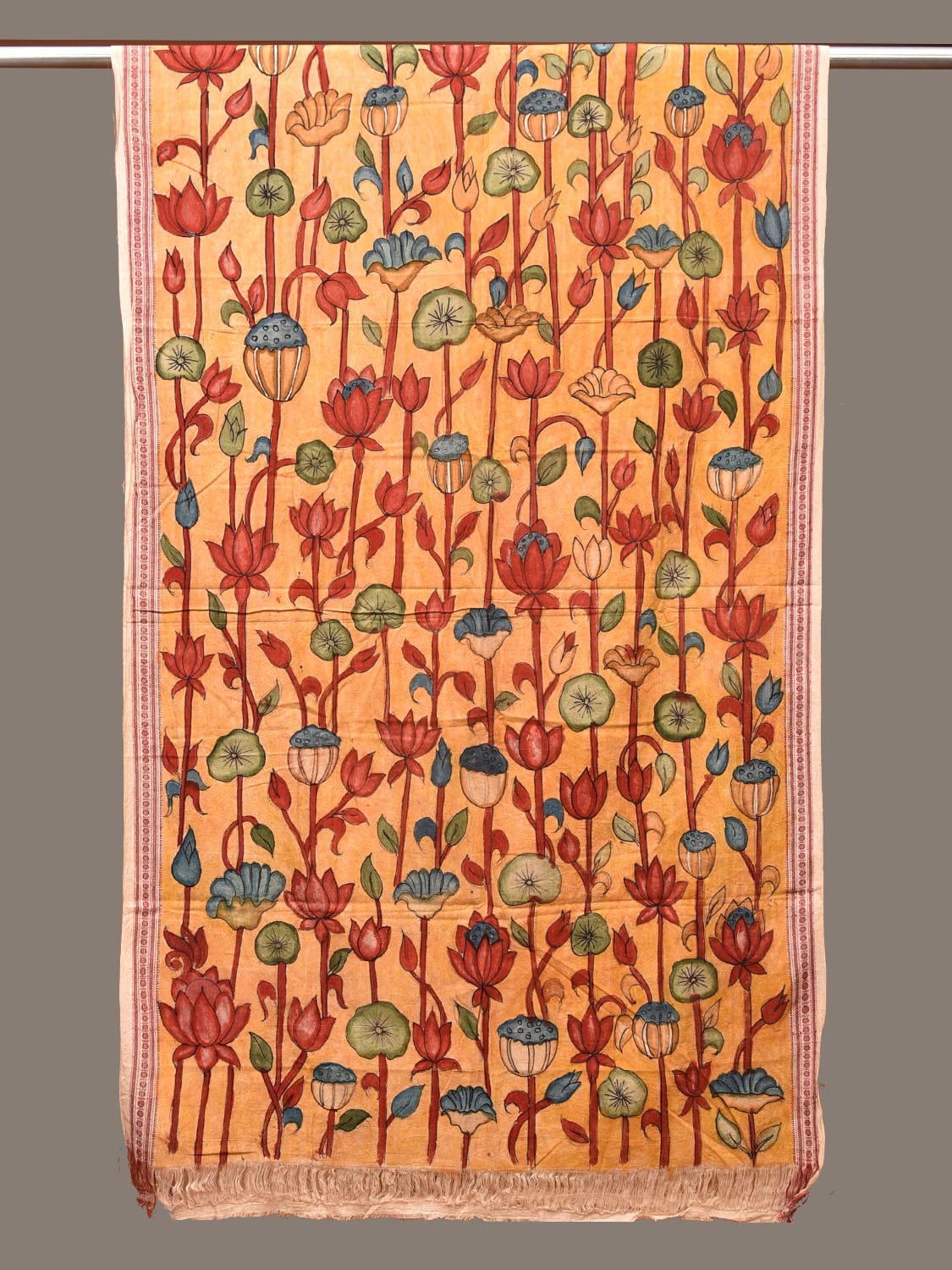 Yellow Kalamkari Hand Painted Cotton Handloom Dupatta with Lotus Design ds3272