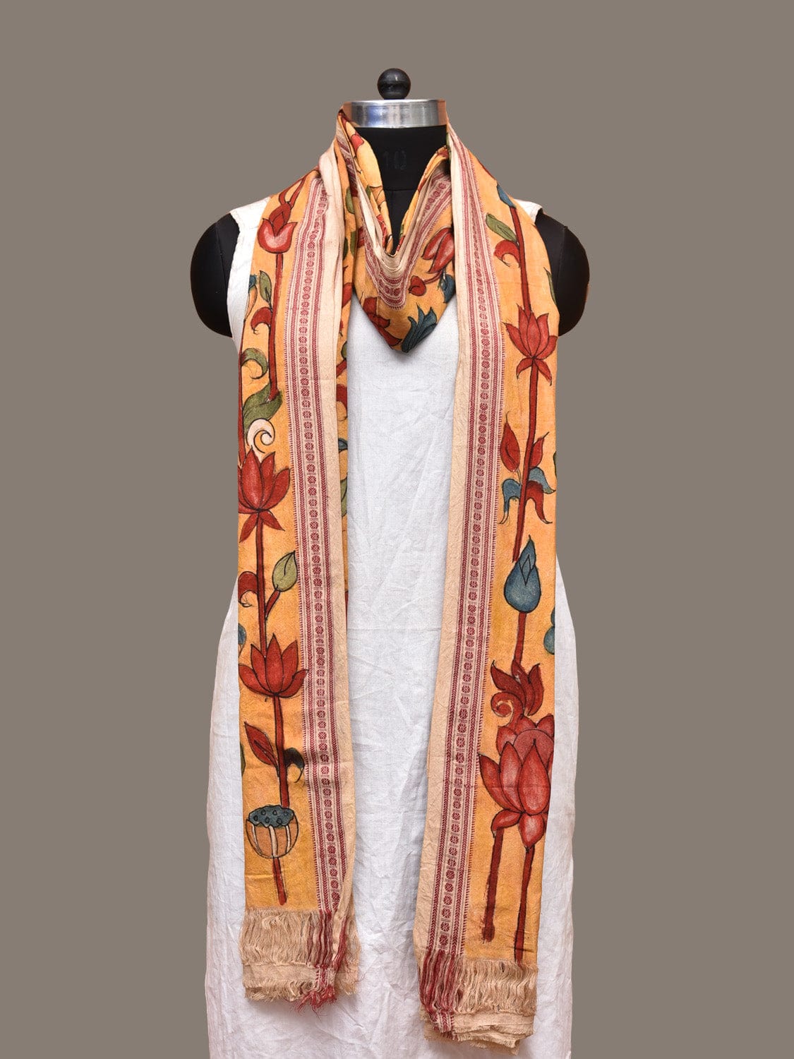 Yellow Kalamkari Hand Painted Cotton Handloom Dupatta with Lotus Design ds3272