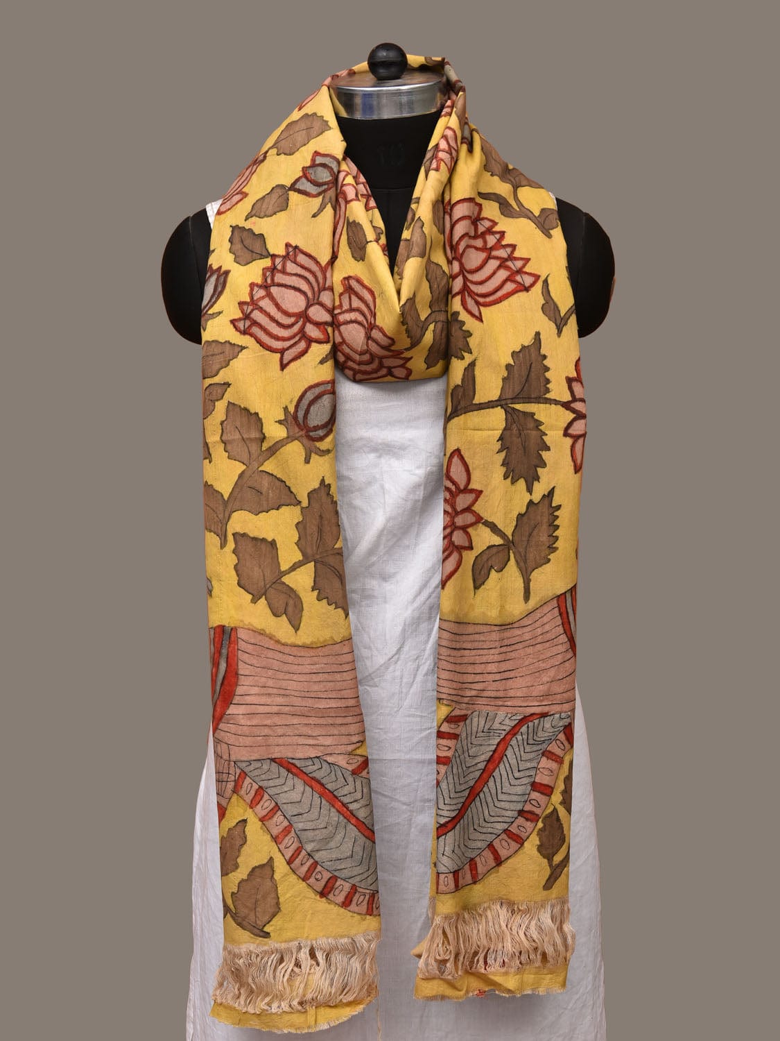 Yellow Kalamkari Hand Painted Cotton Handloom Dupatta with Lotus Flowers Design ds3129