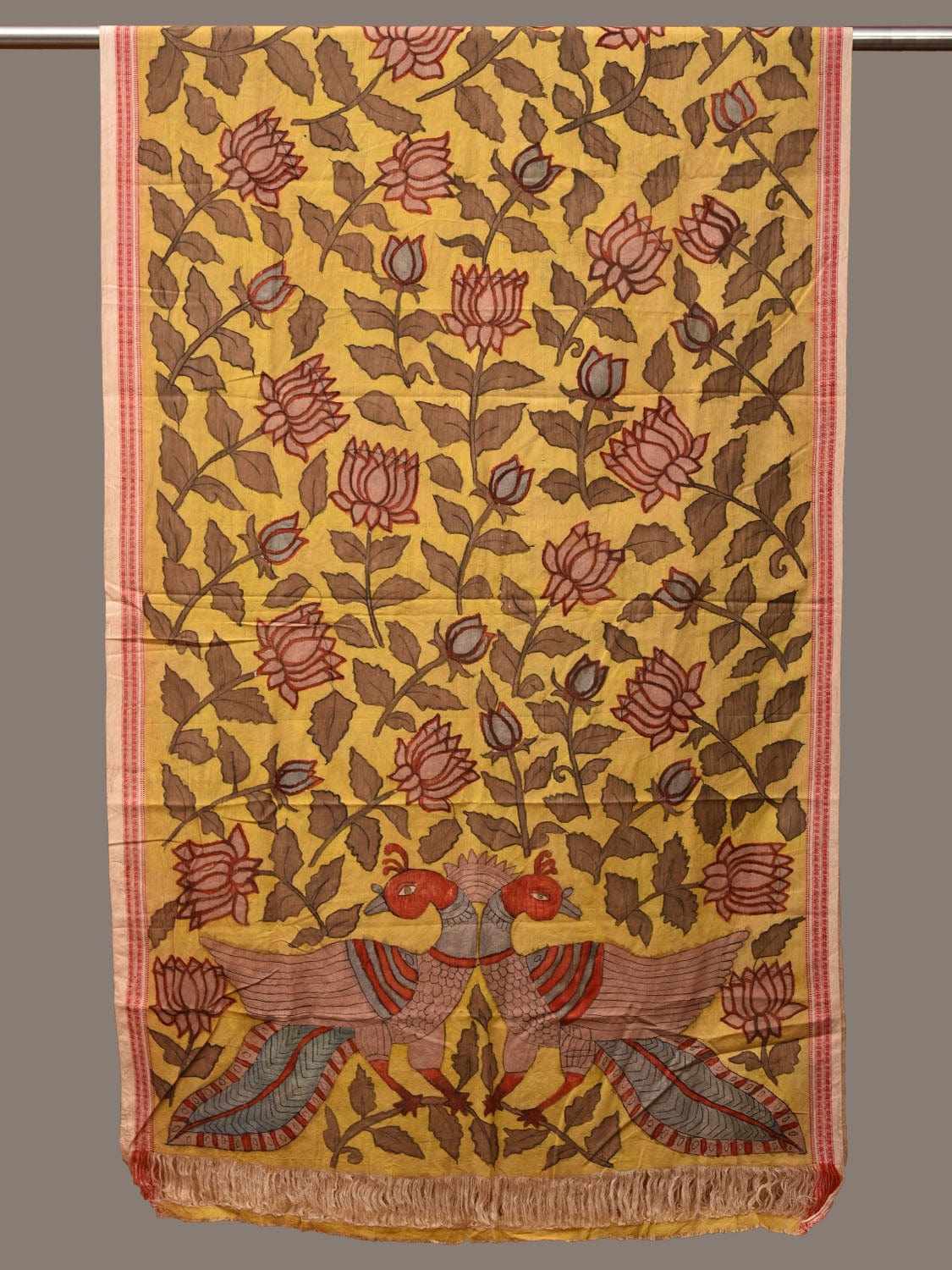 Yellow Kalamkari Hand Painted Cotton Handloom Dupatta with Lotus Flowers Design ds3129
