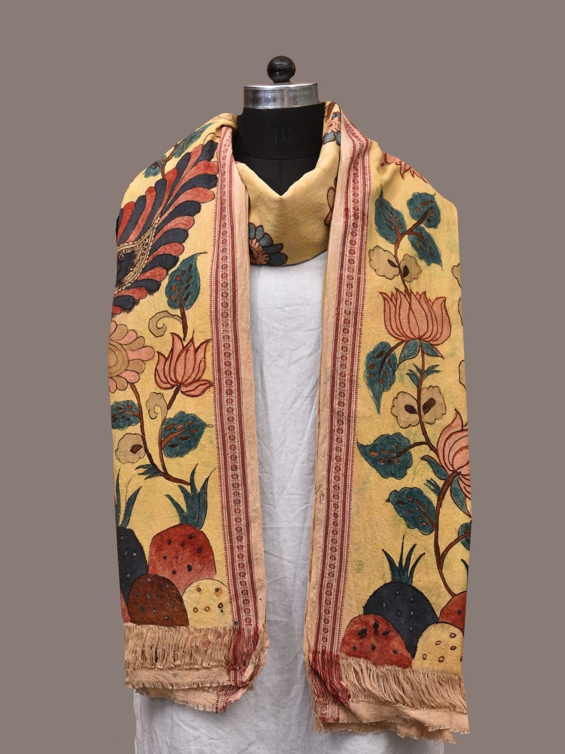 Yellow Kalamkari Hand Painted Cotton Handloom Dupatta with Lotus-Peacock and Doby Border Design ds3192