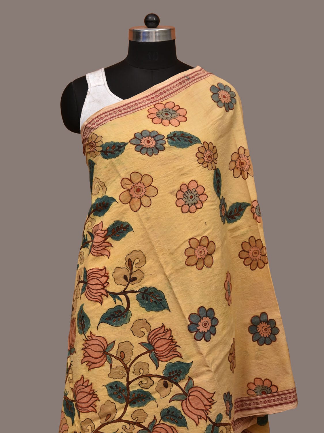 Yellow Kalamkari Hand Painted Cotton Handloom Dupatta with Lotus-Peacock and Doby Border Design ds3192