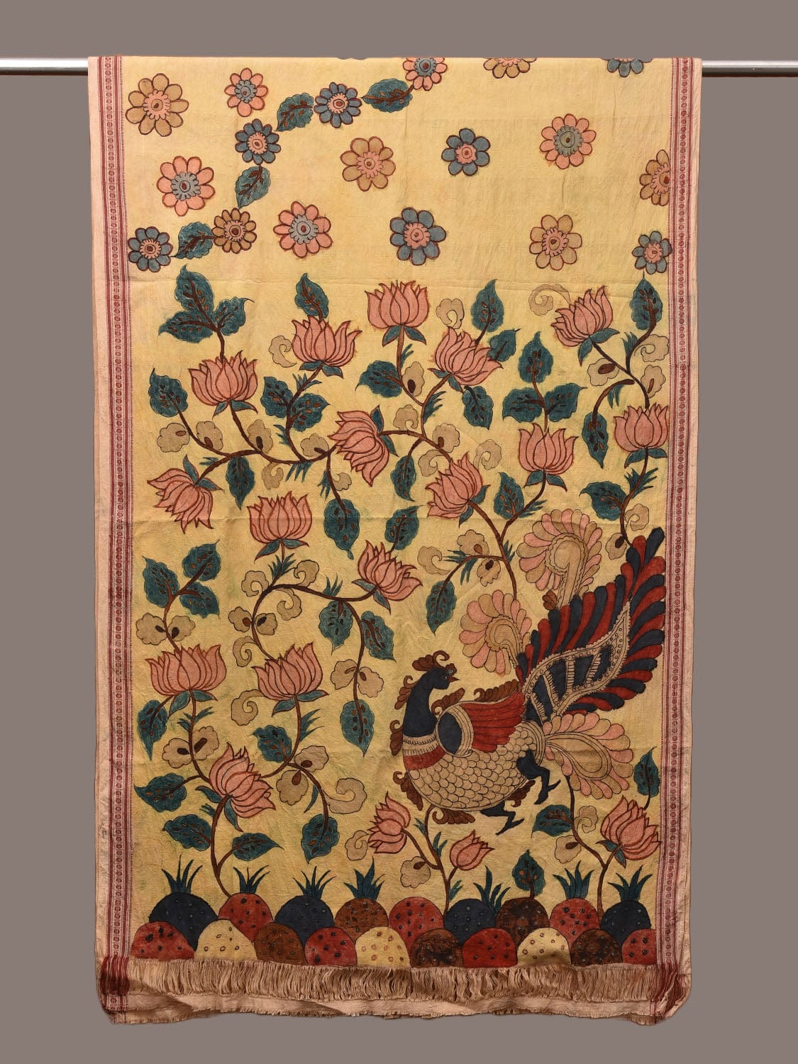 Yellow Kalamkari Hand Painted Cotton Handloom Dupatta with Lotus-Peacock and Doby Border Design ds3192