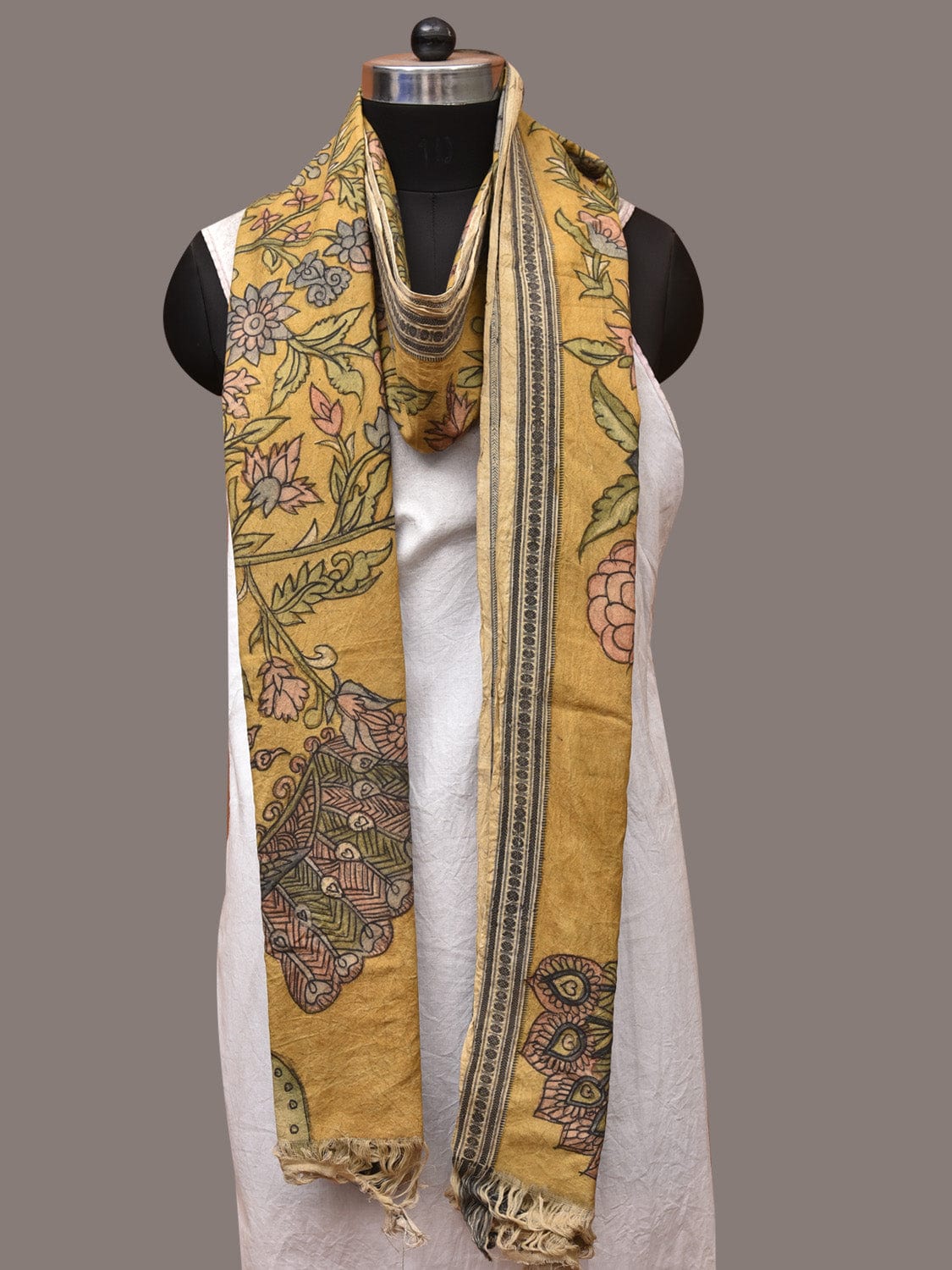 Yellow Kalamkari Hand Painted Cotton Handloom Dupatta with Tree of Life and Doby Border Design ds3456