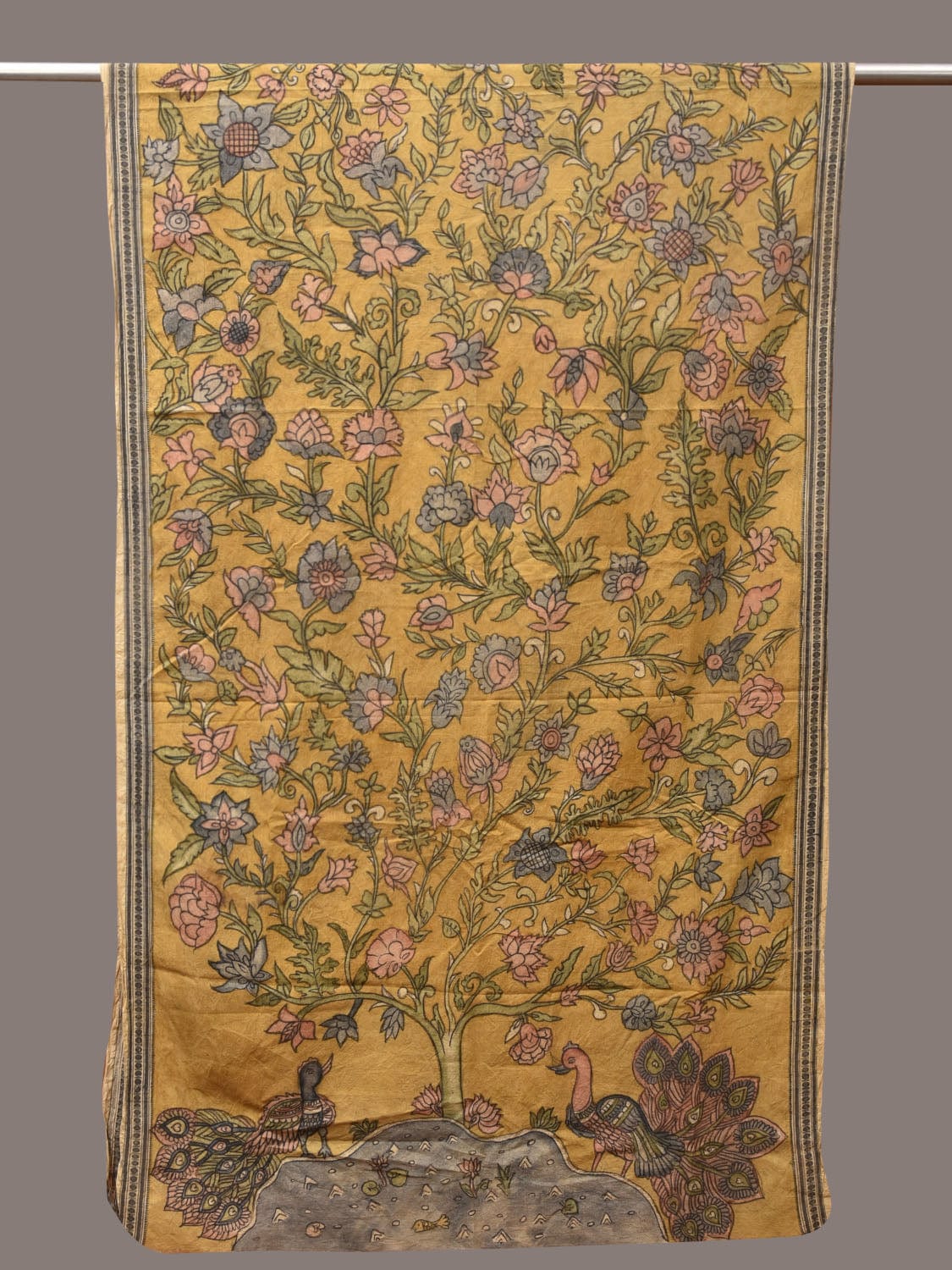 Yellow Kalamkari Hand Painted Cotton Handloom Dupatta with Tree of Life and Doby Border Design ds3456