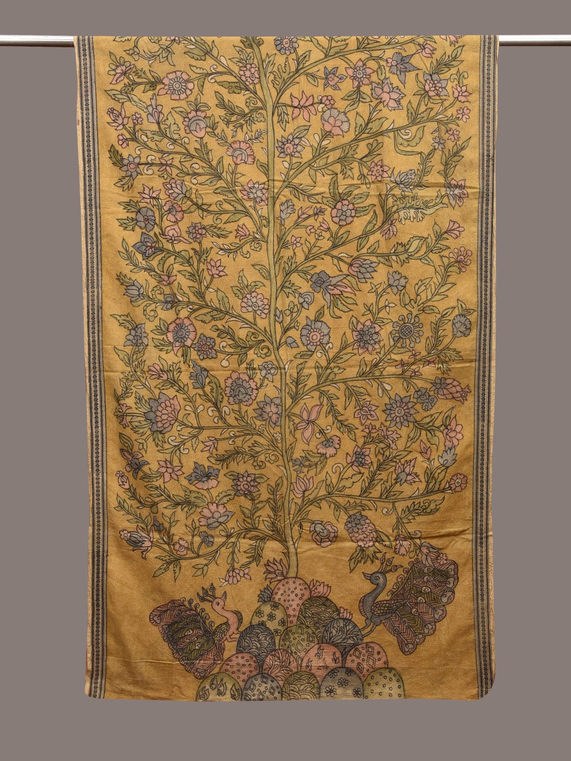 Yellow Kalamkari Hand Painted Cotton Handloom Dupatta with Tree of Life Design ds3580