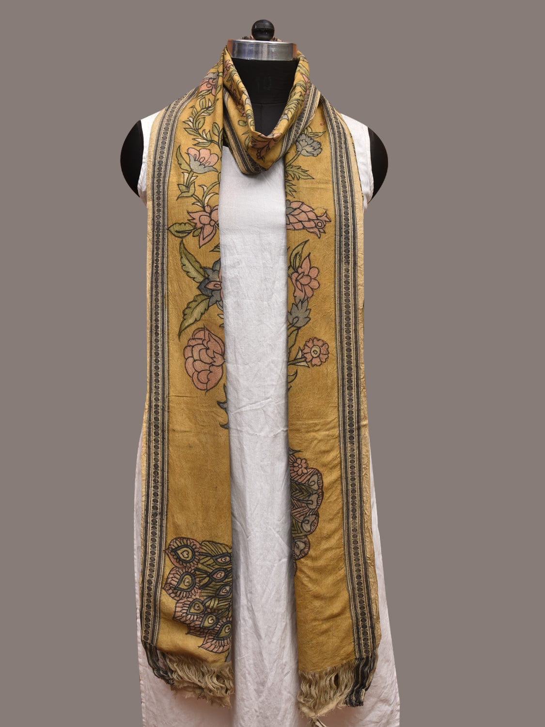 Yellow Kalamkari Hand Painted Cotton Handloom Dupatta with Tree of Life Design ds3580