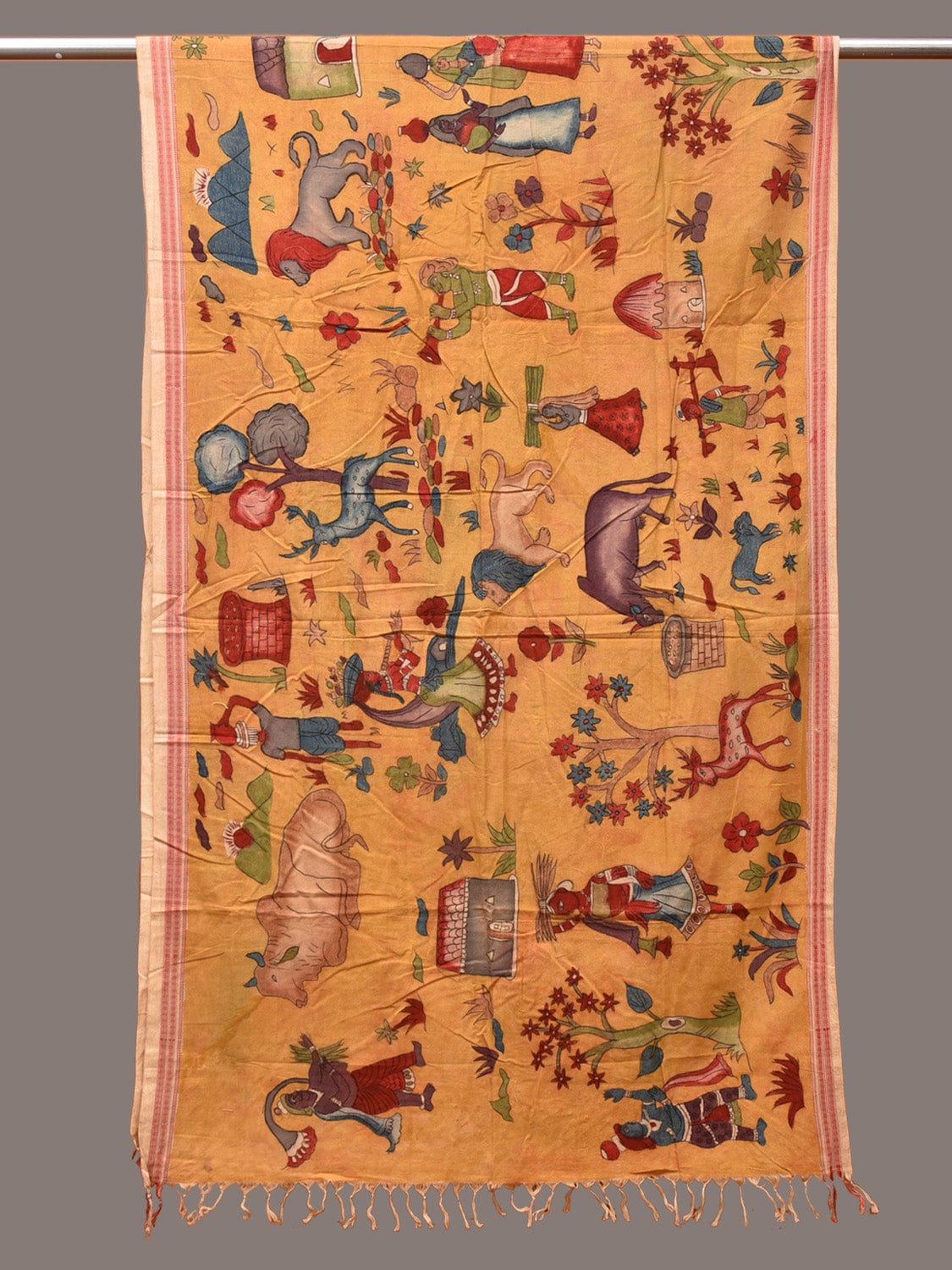 Yellow Kalamkari Hand Painted Cotton Handloom Dupatta with Village Theme and Doby Border Design ds3326