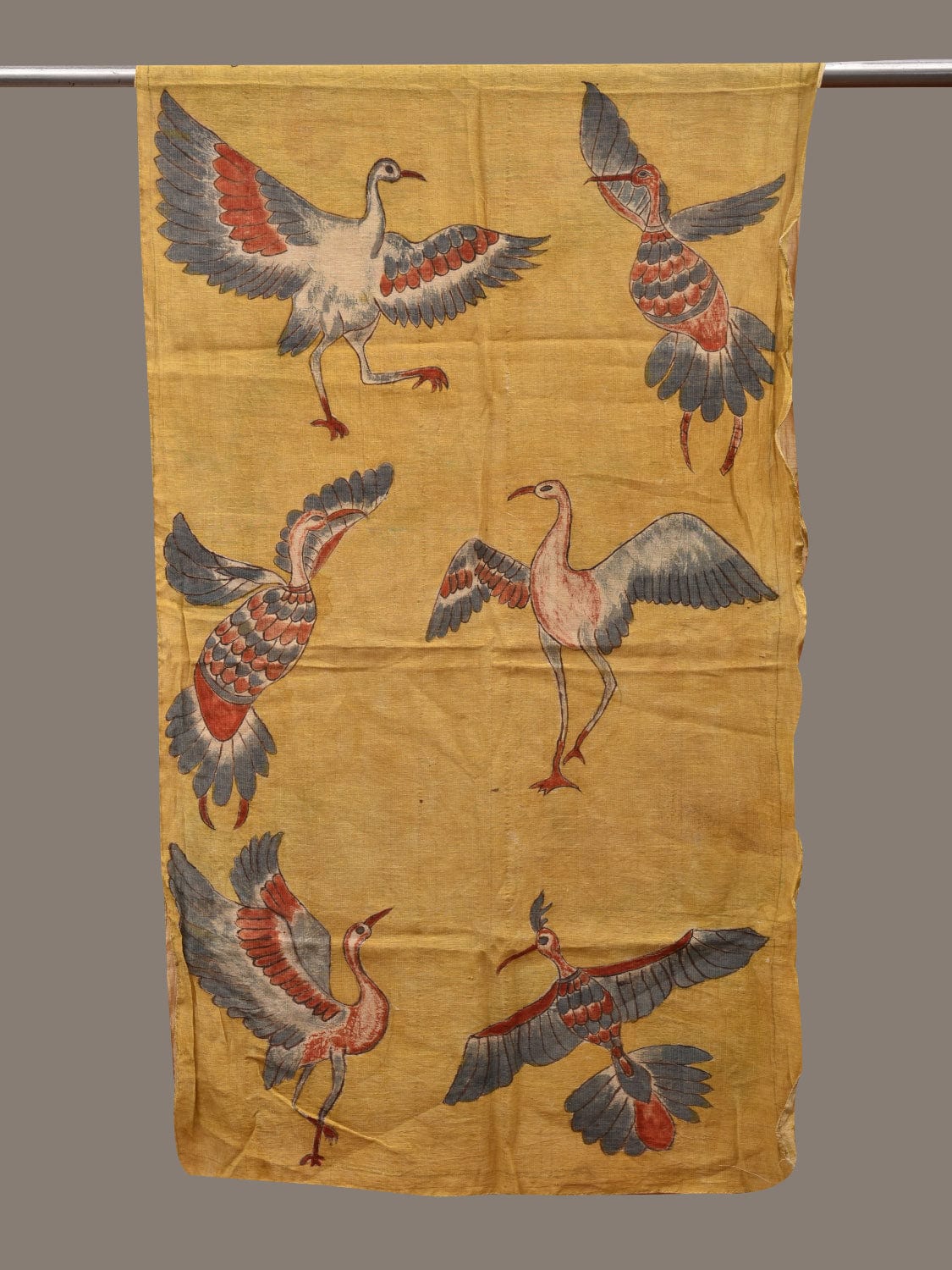 Yellow Kalamkari Hand Painted Cotton Handloom Stole with Birds Design ds2759