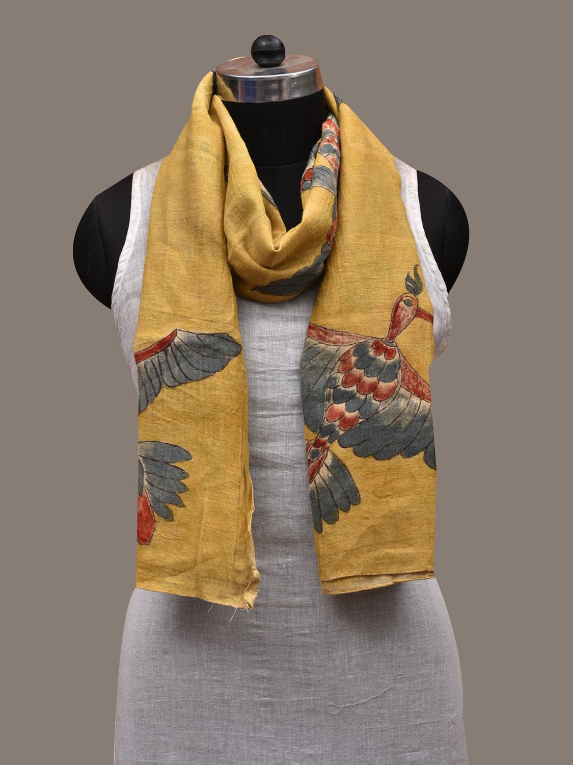 Yellow Kalamkari Hand Painted Cotton Handloom Stole with Birds Design ds2759