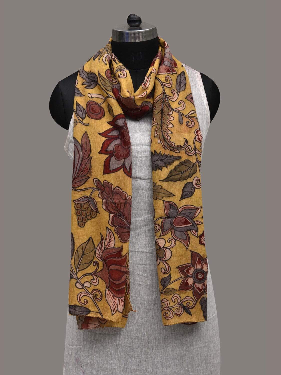 Yellow Kalamkari Hand Painted Cotton Handloom Stole with Floral Design ds2566