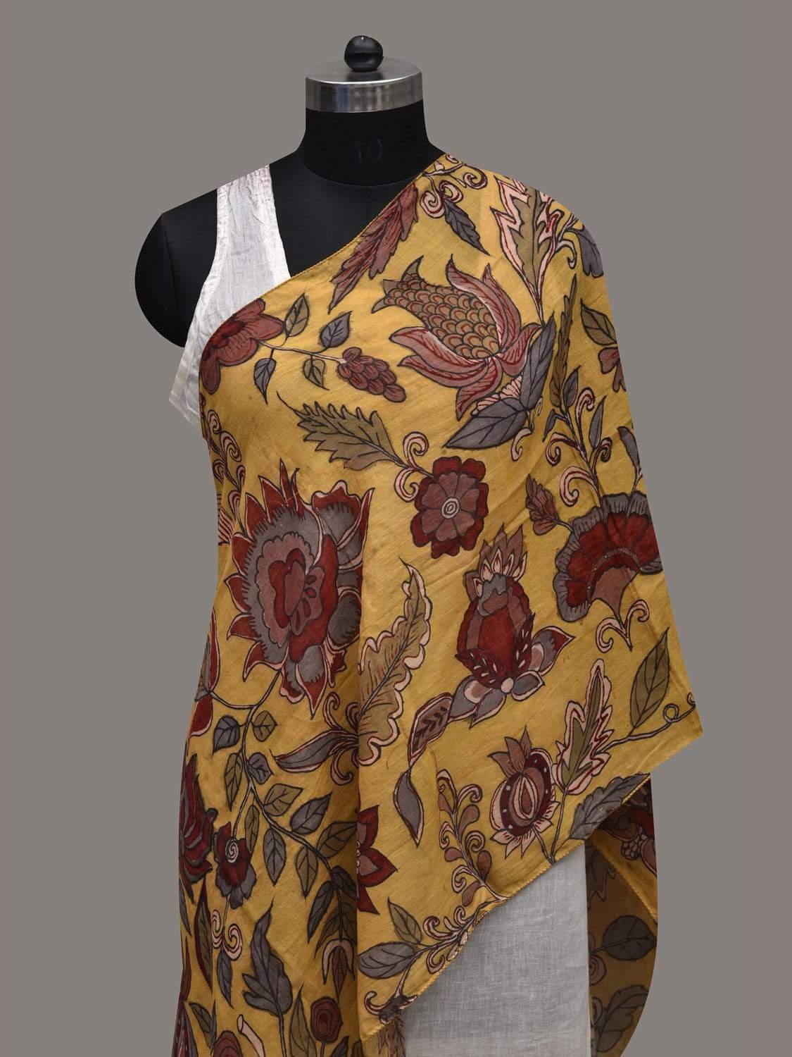 Yellow Kalamkari Hand Painted Cotton Handloom Stole with Floral Design ds2566
